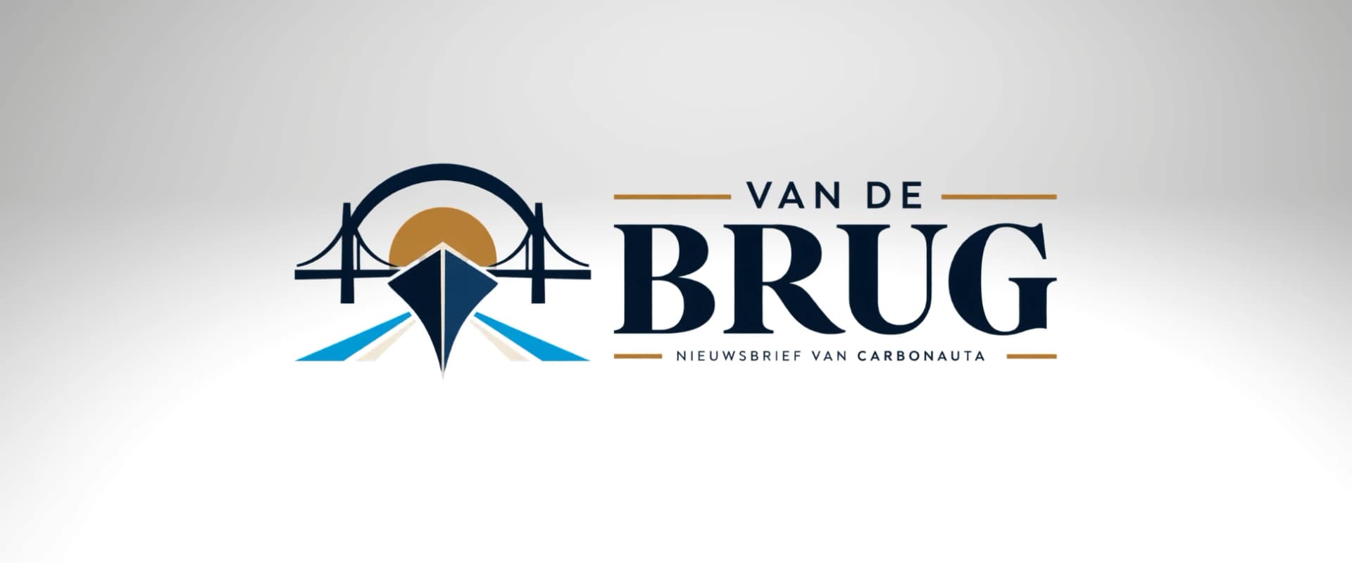Logo Van de Brug met een boot op golven, een kompasroos en een touwcirkel in donkerblauw, paars en turquoise.
